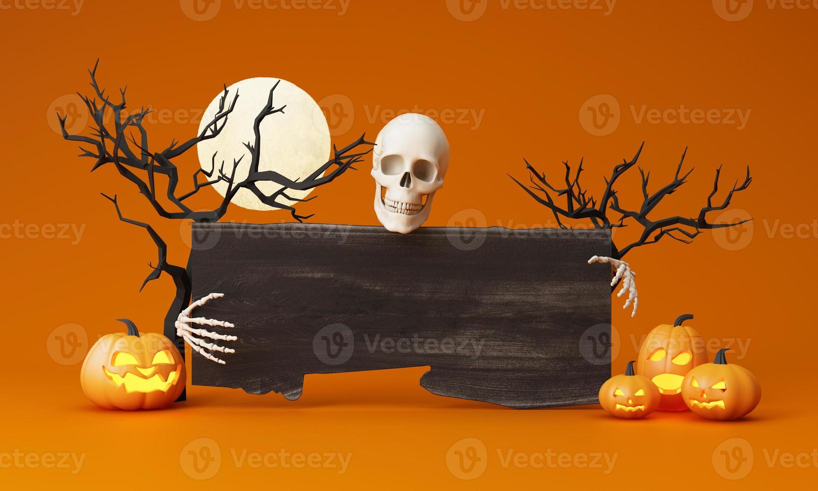 Happy Halloween party posters set with night clouds and pumpkins in cartoon illustration. Full moon, witch cauldron, spiders web and skull. Place for text. Brochure background. 3d render photo