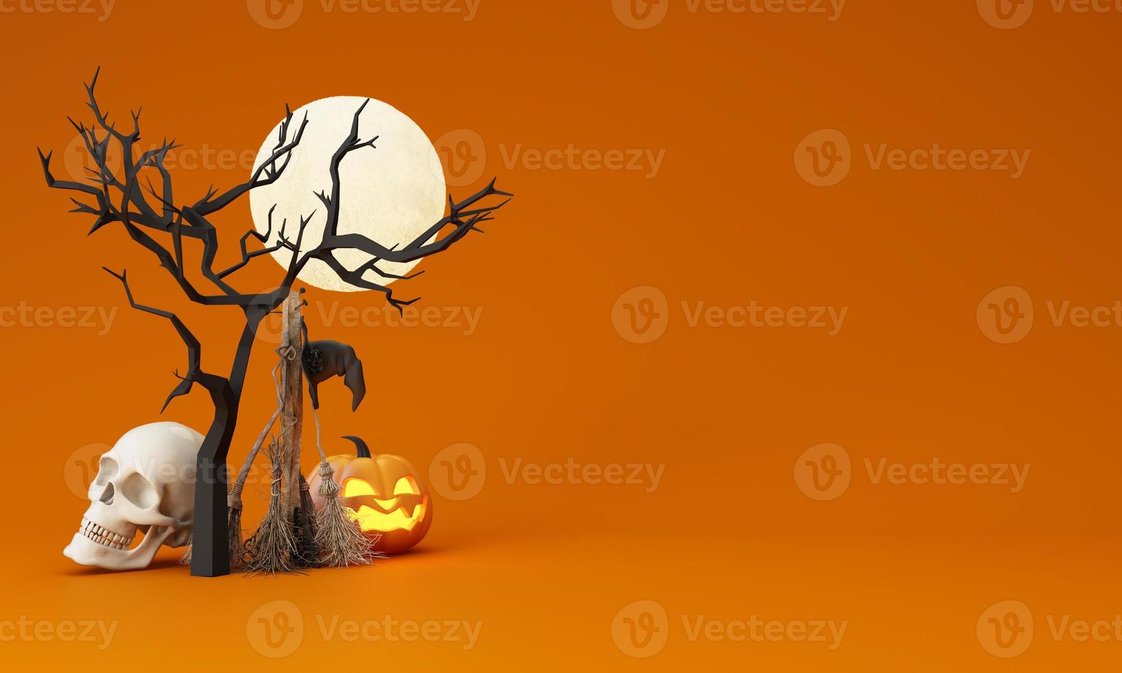 Happy Halloween party posters set with night clouds and pumpkins in cartoon illustration. Full moon, witch cauldron, spiders web and skull. Place for text. Brochure background. 3d render photo
