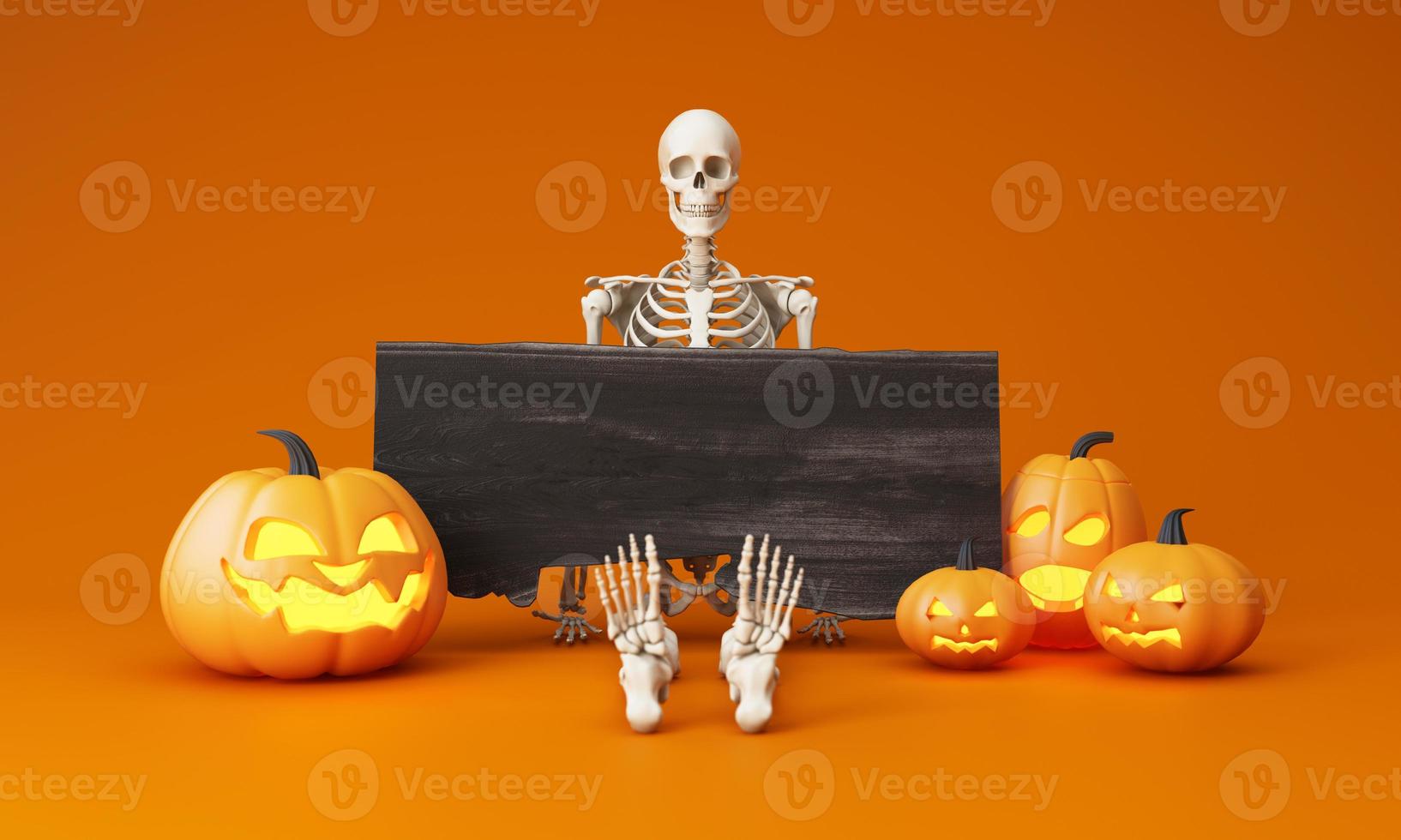 Happy Halloween party posters set with night clouds and pumpkins in cartoon illustration. Full moon, witch cauldron, spiders web and skull. Place for text. Brochure background. 3d render photo