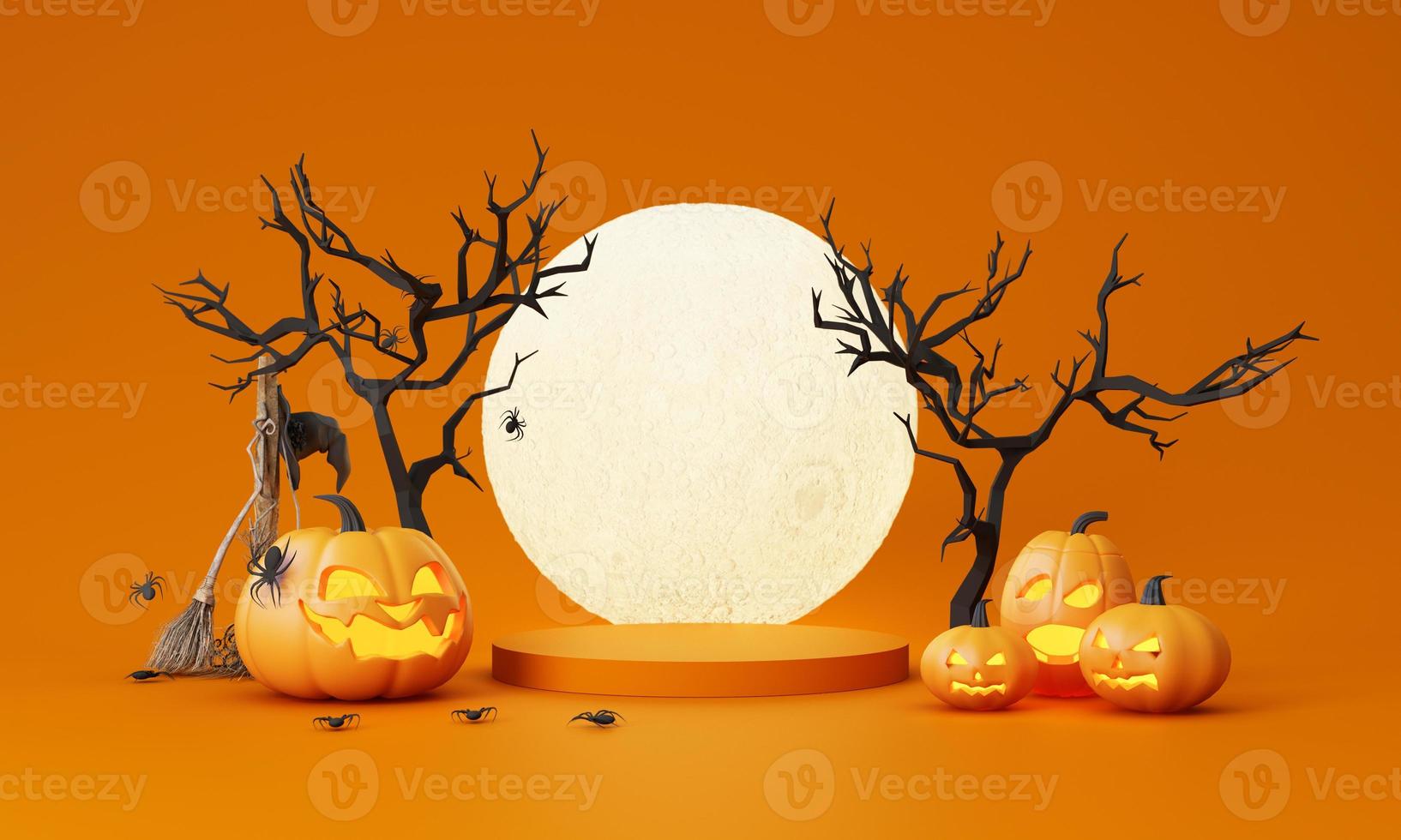 Happy Halloween party posters set with night clouds and pumpkins in cartoon illustration. Full moon, witch cauldron, spiders web and skull. Place for text. Brochure background. 3d render photo