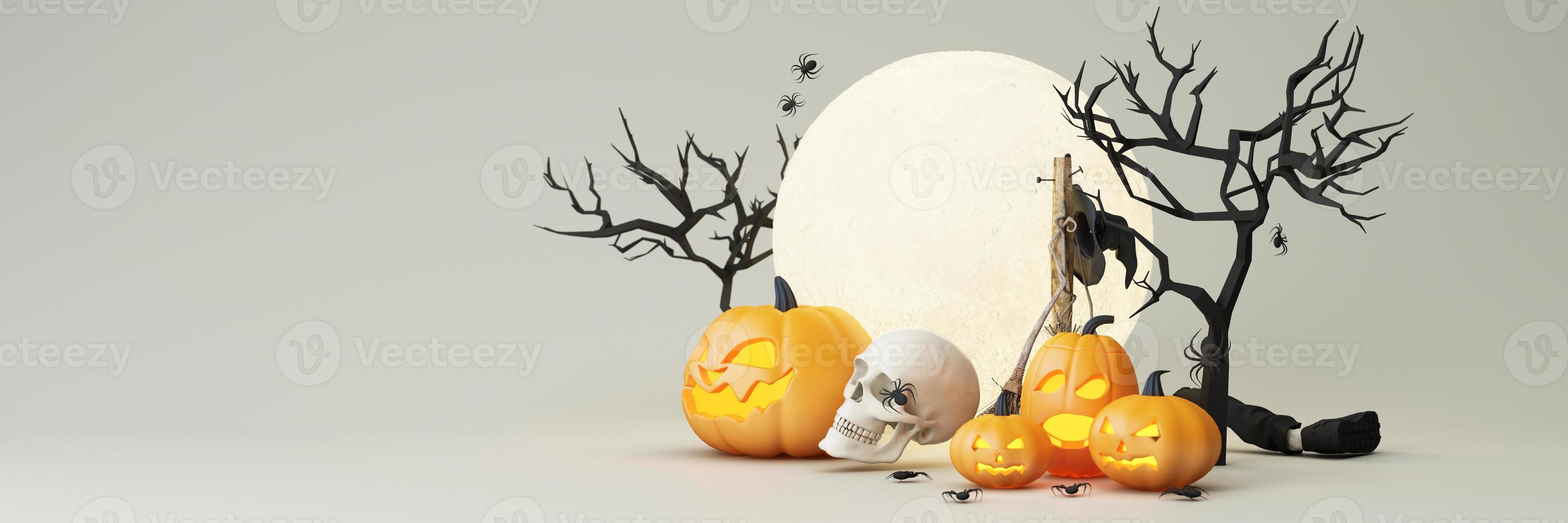 Happy Halloween party posters set with night clouds and pumpkins in cartoon illustration. Full moon, witch cauldron, spiders web and skull. Place for text. Brochure background. 3d render photo