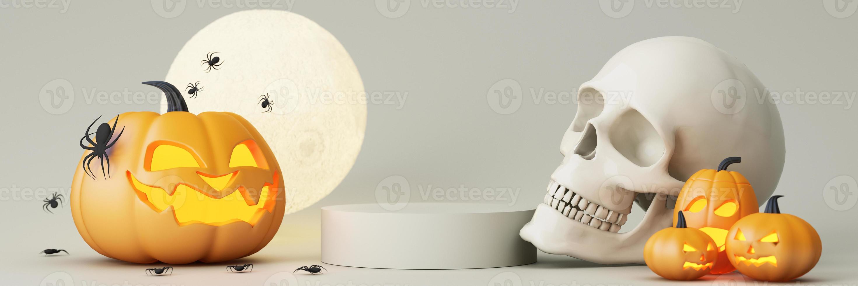 Happy Halloween party posters set with night clouds and pumpkins in cartoon illustration. Full moon, witch cauldron, spiders web and skull. Place for text. Brochure background. 3d render photo