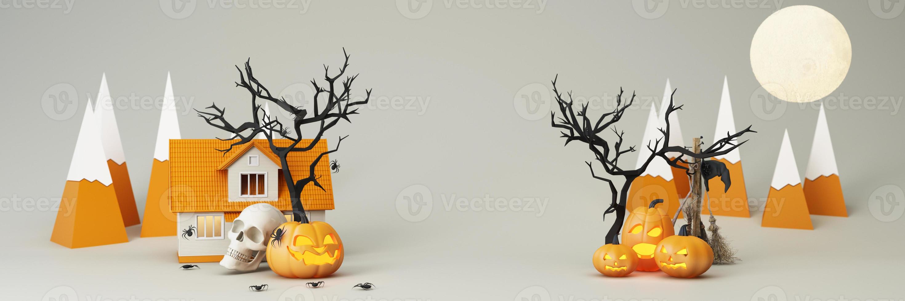 Happy Halloween party posters set with night clouds and pumpkins in cartoon illustration. Full moon, witch cauldron, spiders web and skull. Place for text. Brochure background. 3d render photo