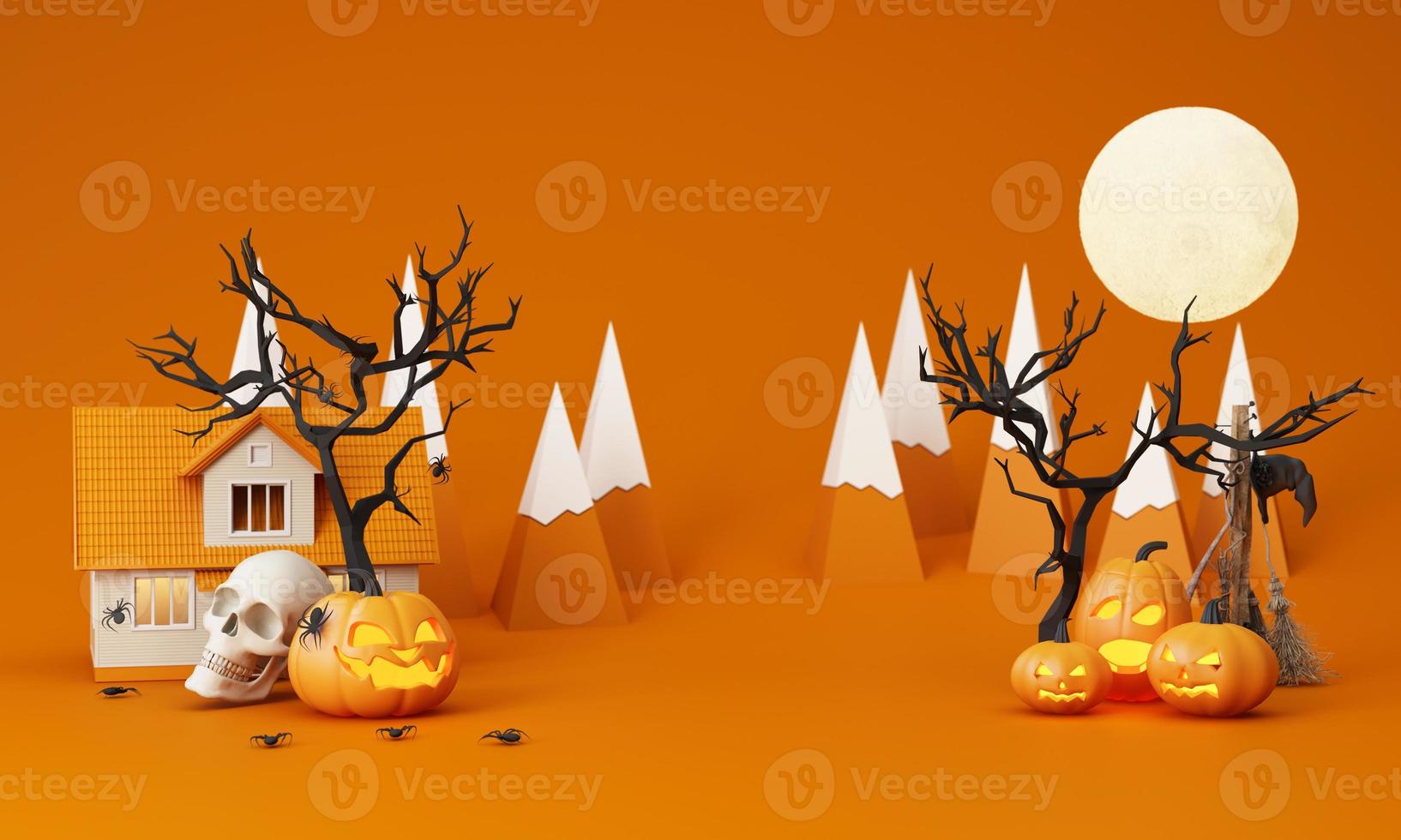 Happy Halloween party posters set with night clouds and pumpkins in cartoon illustration. Full moon, witch cauldron, spiders web and skull. Place for text. Brochure background. 3d render photo