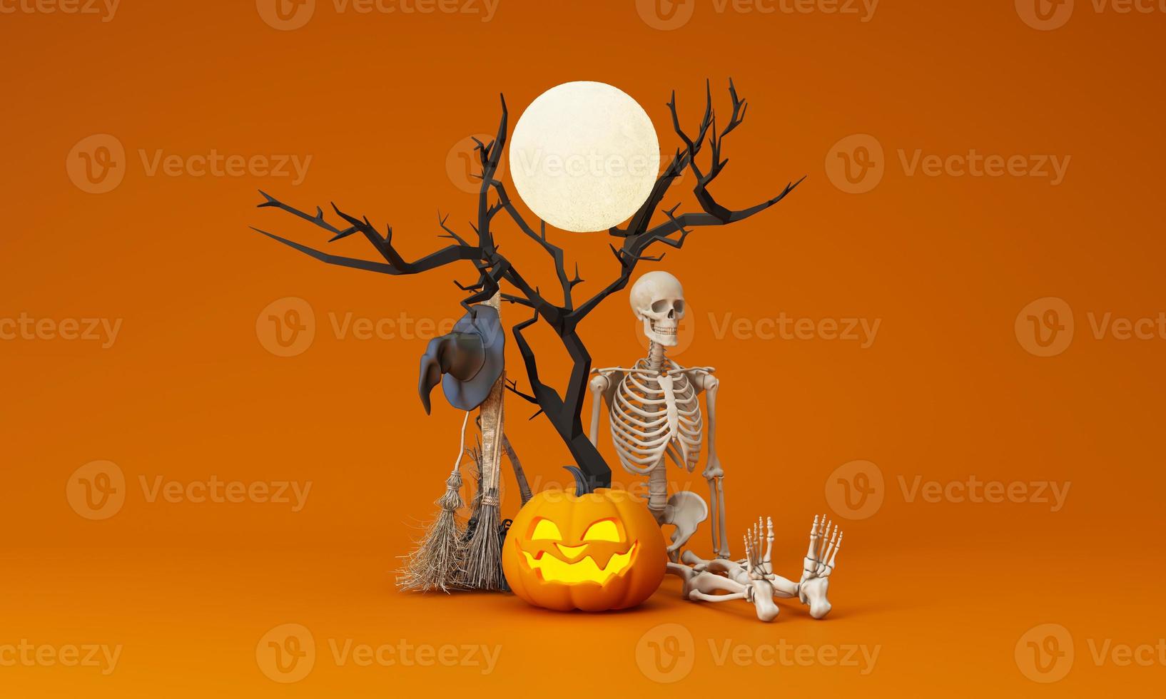 Happy Halloween party posters set with night clouds and pumpkins in cartoon illustration. Full moon, witch cauldron, spiders web and skull. Place for text. Brochure background. 3d render photo