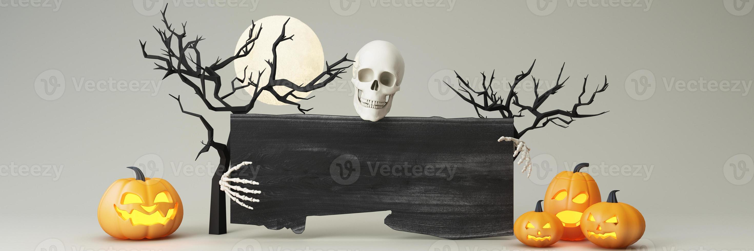 Happy Halloween party posters set with night clouds and pumpkins in cartoon illustration. Full moon, witch cauldron, spiders web and skull. Place for text. Brochure background. 3d render photo