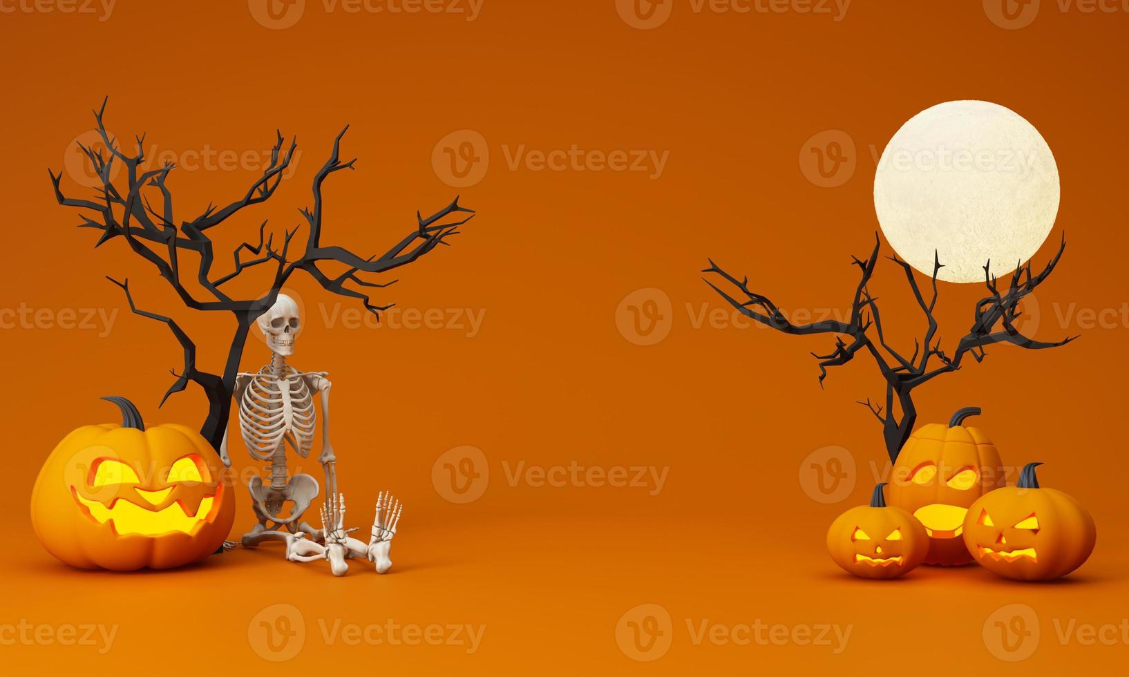 Happy Halloween party posters set with night clouds and pumpkins in cartoon illustration. Full moon, witch cauldron, spiders web and skull. Place for text. Brochure background. 3d render photo