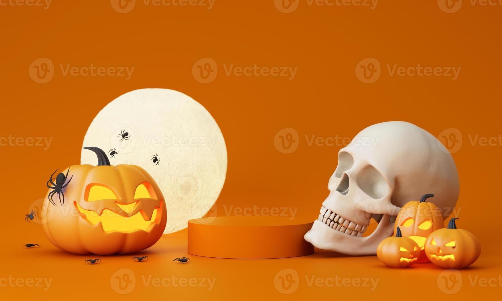 Happy Halloween party posters set with night clouds and pumpkins in cartoon illustration. Full moon, witch cauldron, spiders web and skull. Place for text. Brochure background. 3d render photo