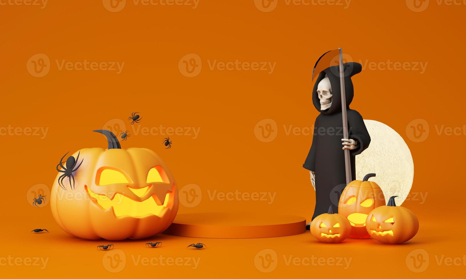 Happy Halloween party posters set with night clouds and pumpkins in cartoon illustration. Full moon, witch cauldron, spiders web and skull. Place for text. Brochure background. 3d render photo