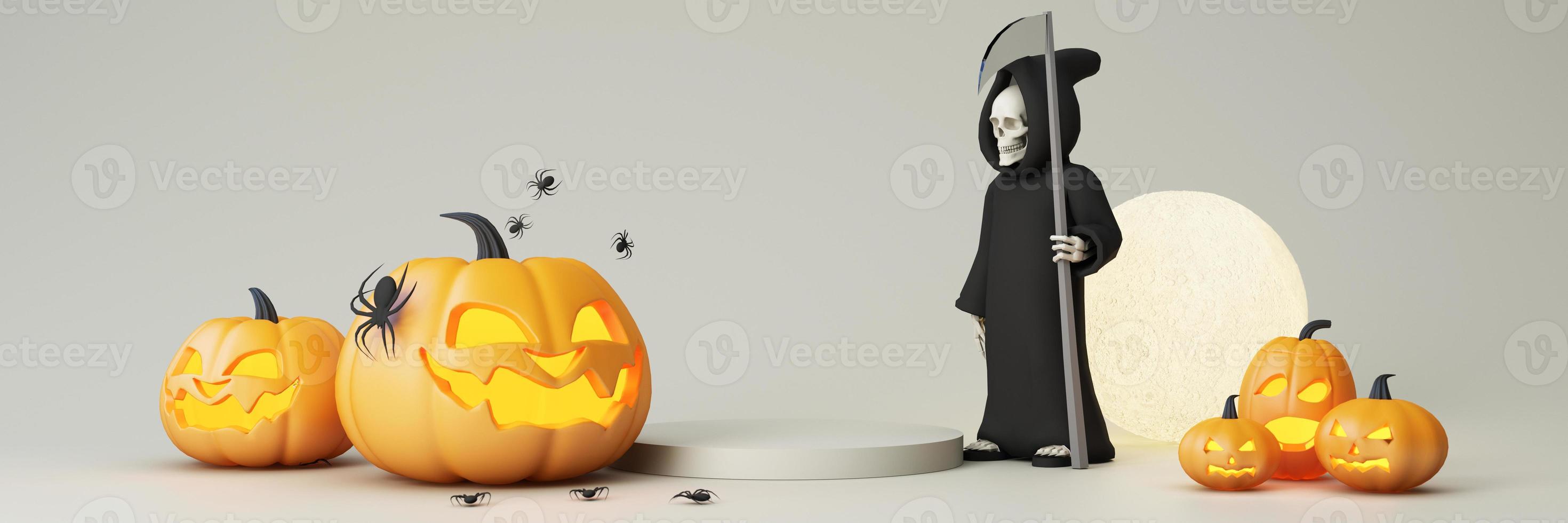 Happy Halloween party posters set with night clouds and pumpkins in cartoon illustration. Full moon, witch cauldron, spiders web and skull. Place for text. Brochure background. 3d render photo
