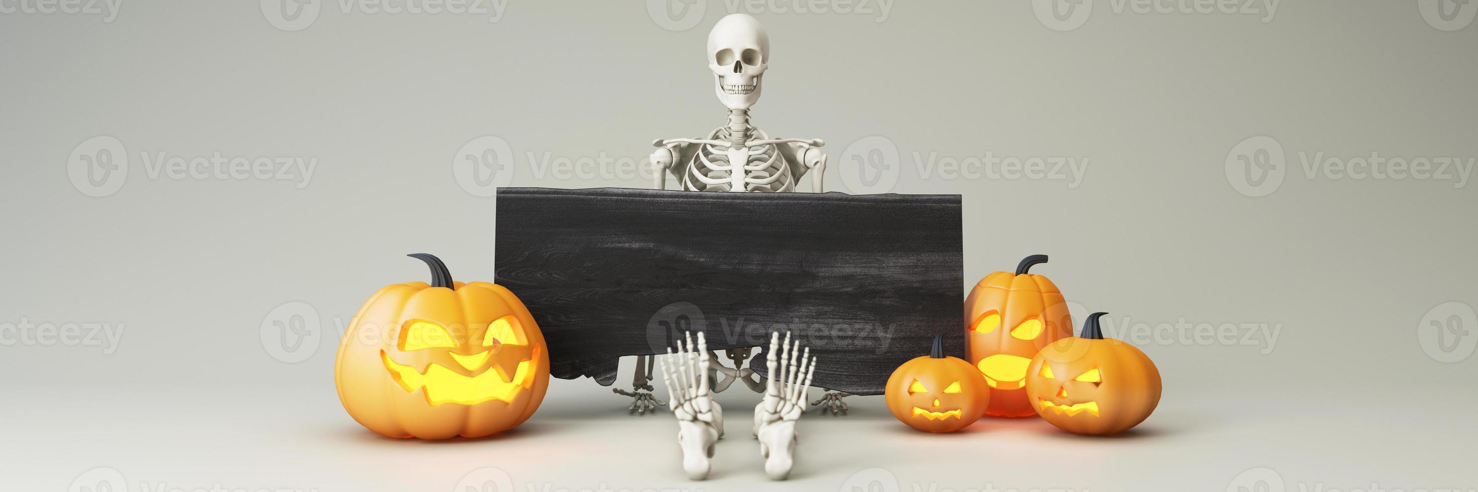 Happy Halloween party posters set with night clouds and pumpkins in cartoon illustration. Full moon, witch cauldron, spiders web and skull. Place for text. Brochure background. 3d render photo