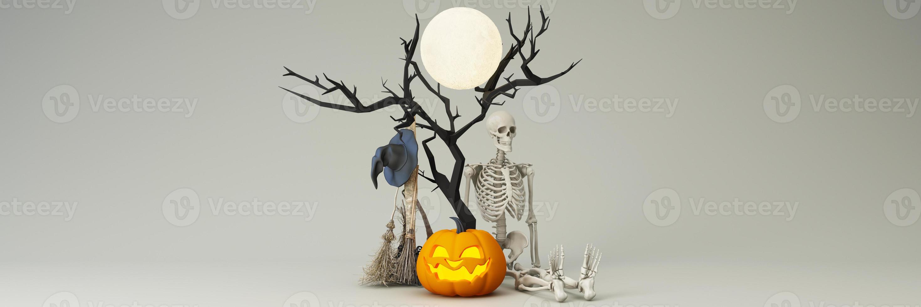 Happy Halloween party posters set with night clouds and pumpkins in cartoon illustration. Full moon, witch cauldron, spiders web and skull. Place for text. Brochure background. 3d render photo