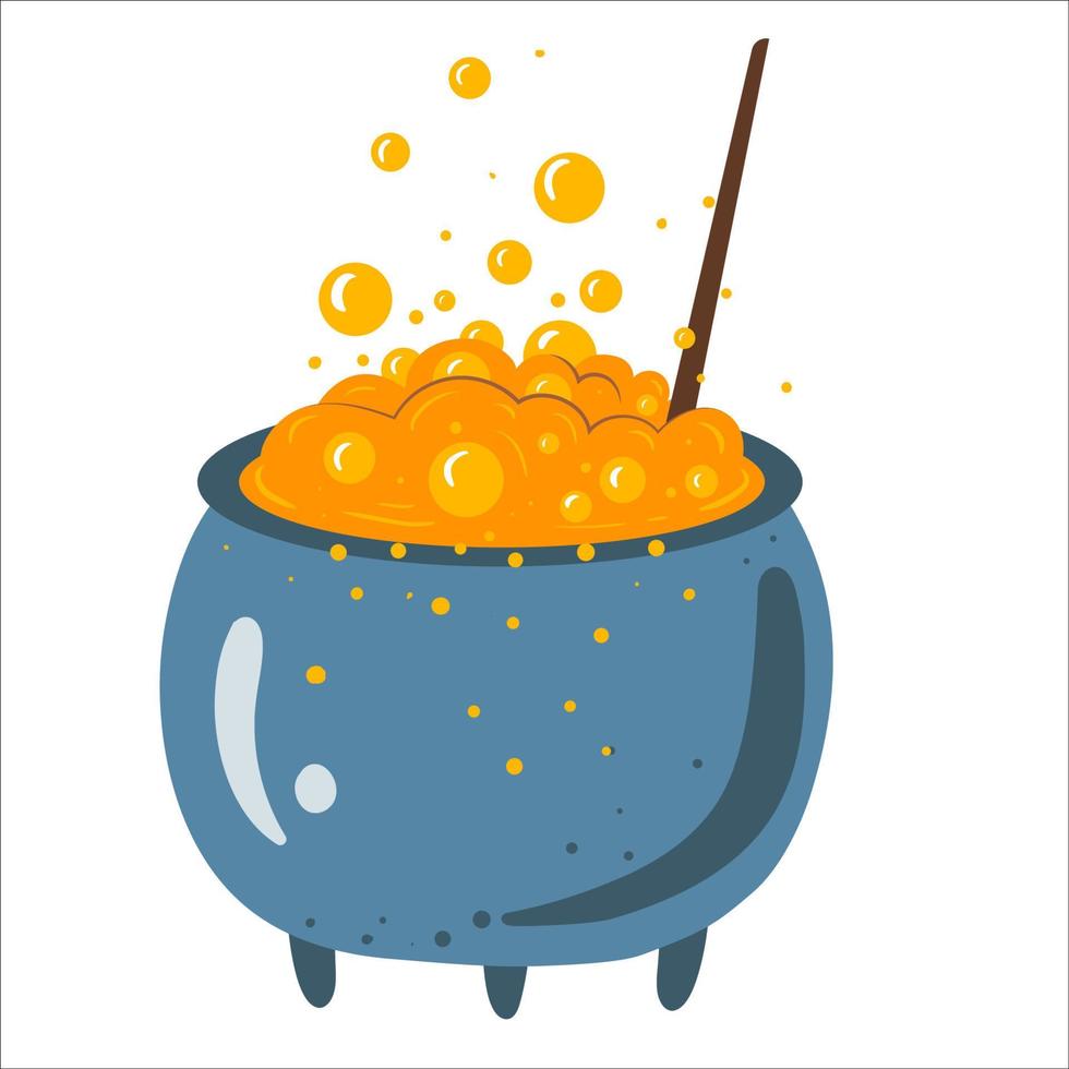 Halloween cauldron with toxic potion flat vector illustration. Isolated object on white background. Good for posters, party invitations, stickers, cards, gift.