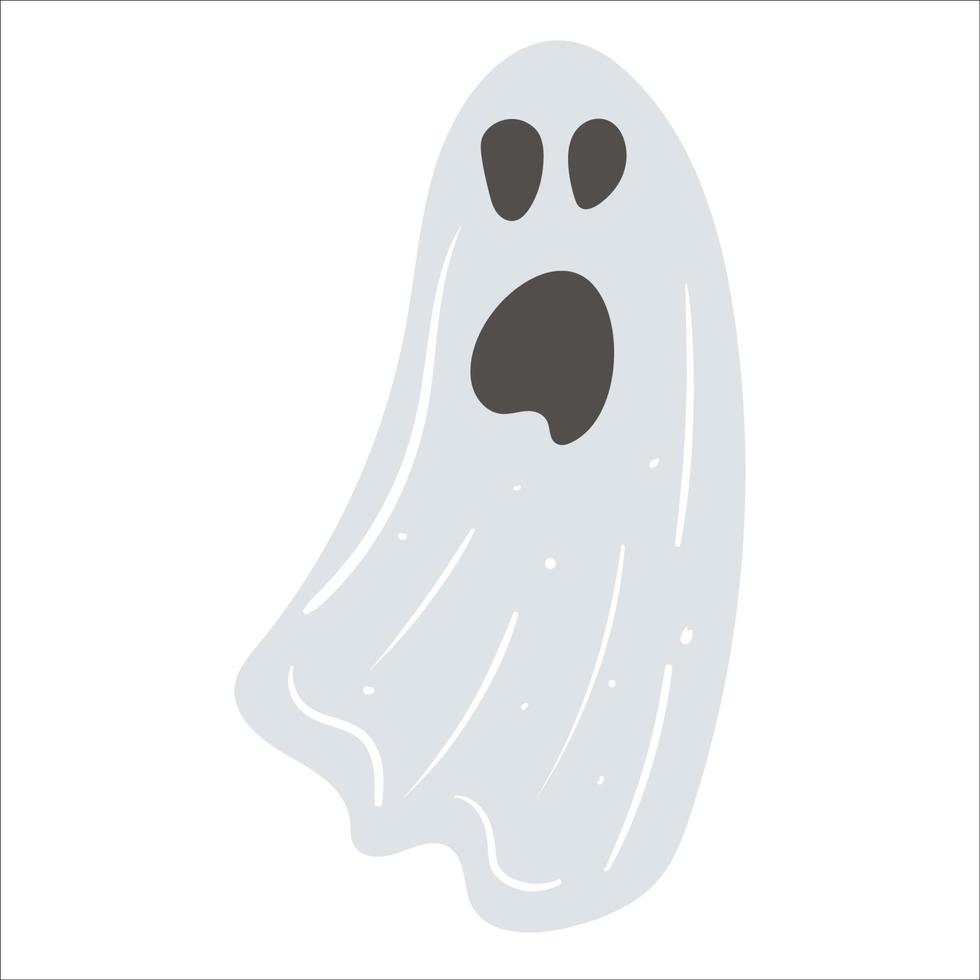 Halloween ghost flat vector illustration. Isolated object on white background. Good for posters, party invitations, stickers, cards, gift.