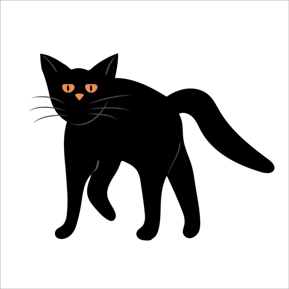 Halloween black cat flat vector illustration. Isolated object on white background. Good for posters, party invitations, stickers, cards, gift.