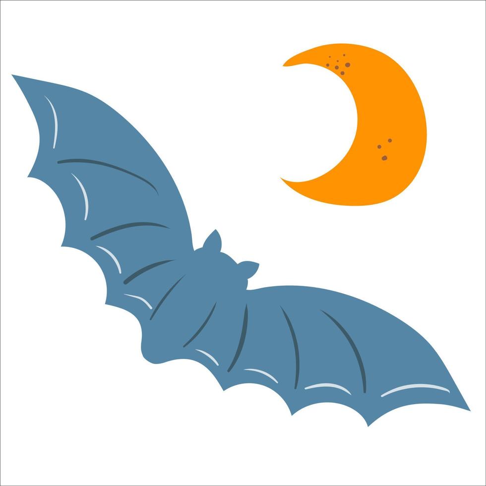 Halloween bat with moon flat vector illustration. Isolated object on white background. Good for posters, party invitations, stickers, cards, gift.