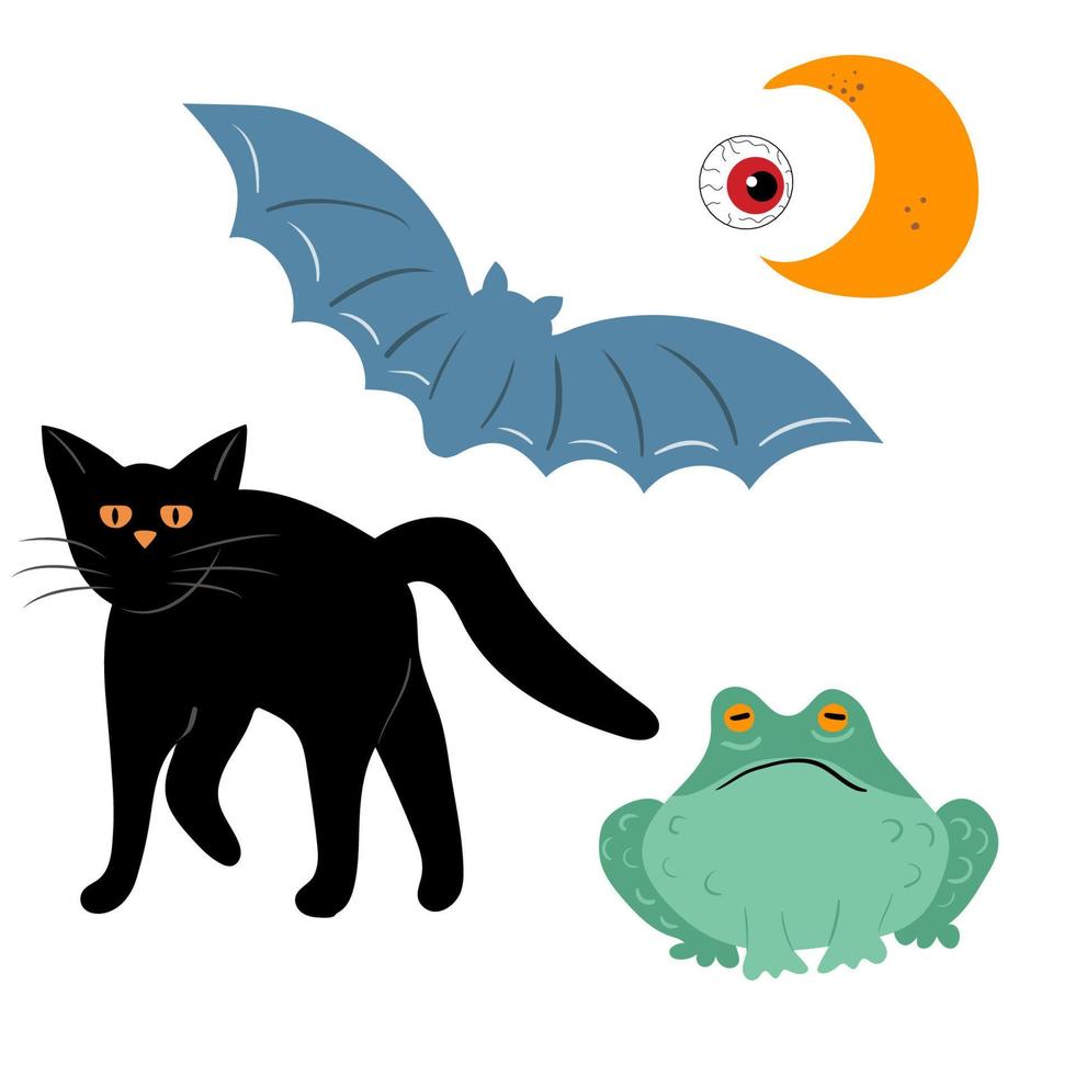 animal pequeño de halloween conjunto ilustración vectorial plana, elementos de diseño, iconos. objetos aislados sobre fondo blanco. bueno para carteles, invitaciones a fiestas, pegatinas, tarjetas, regalos. vector