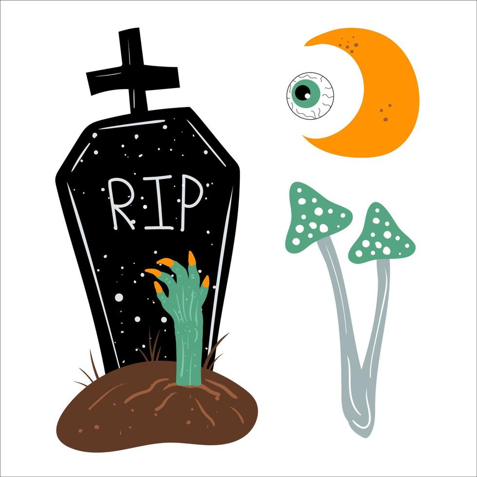 Ilustración de vector plano conjunto pequeño de Halloween, elementos de diseño, iconos. objetos aislados sobre fondo blanco. bueno para carteles, invitaciones a fiestas, pegatinas, tarjetas, regalos.