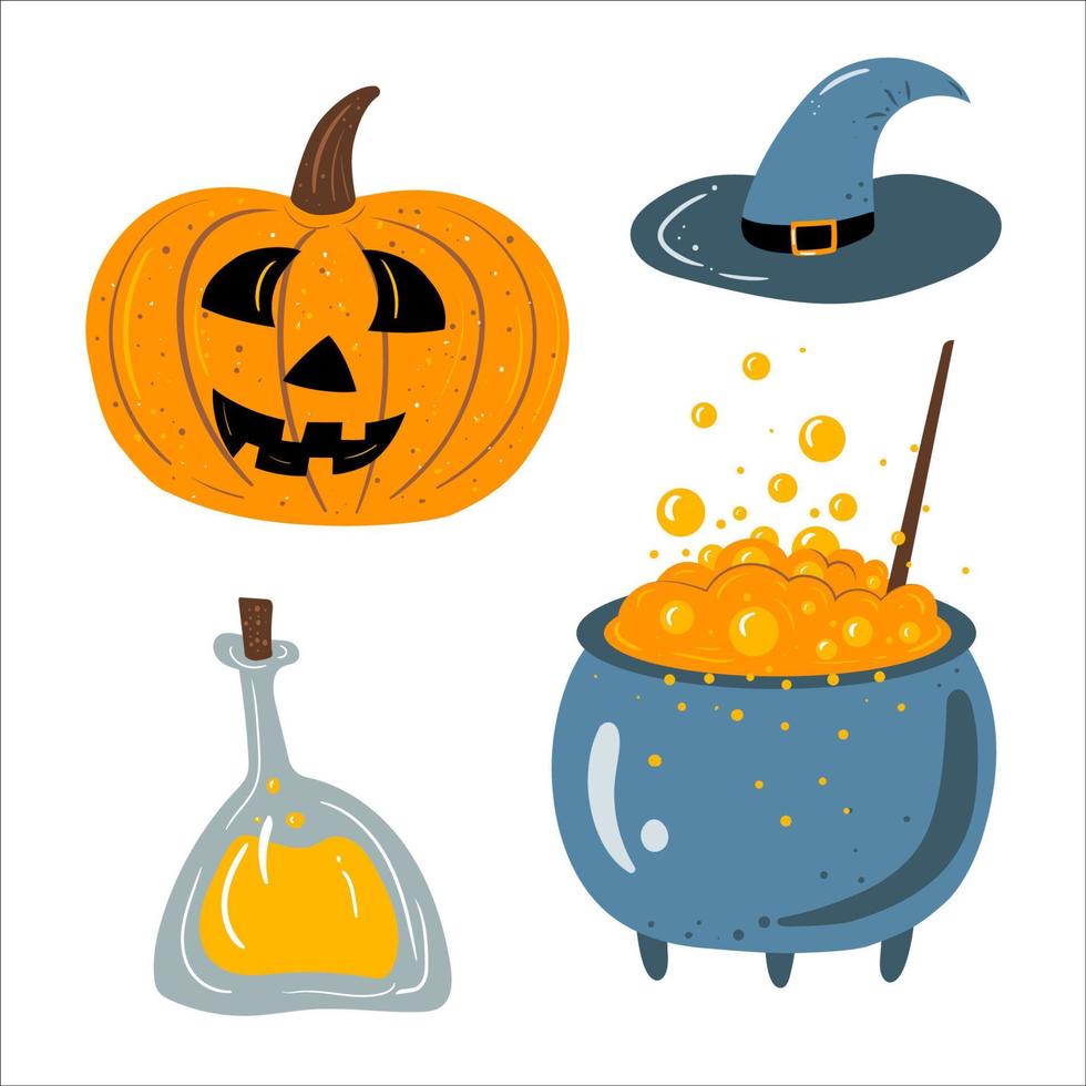 Ilustración de vector plano conjunto pequeño de Halloween, elementos de diseño, iconos. objetos aislados sobre fondo blanco. bueno para carteles, invitaciones a fiestas, pegatinas, tarjetas, regalos.