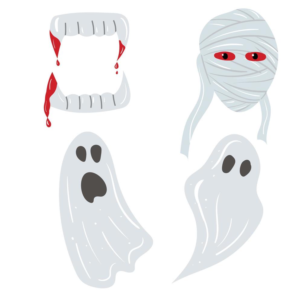 pequeño monstruo de halloween establece ilustración vectorial plana, elementos de diseño, iconos. objetos aislados sobre fondo blanco. bueno para carteles, invitaciones a fiestas, pegatinas, tarjetas, regalos. vector