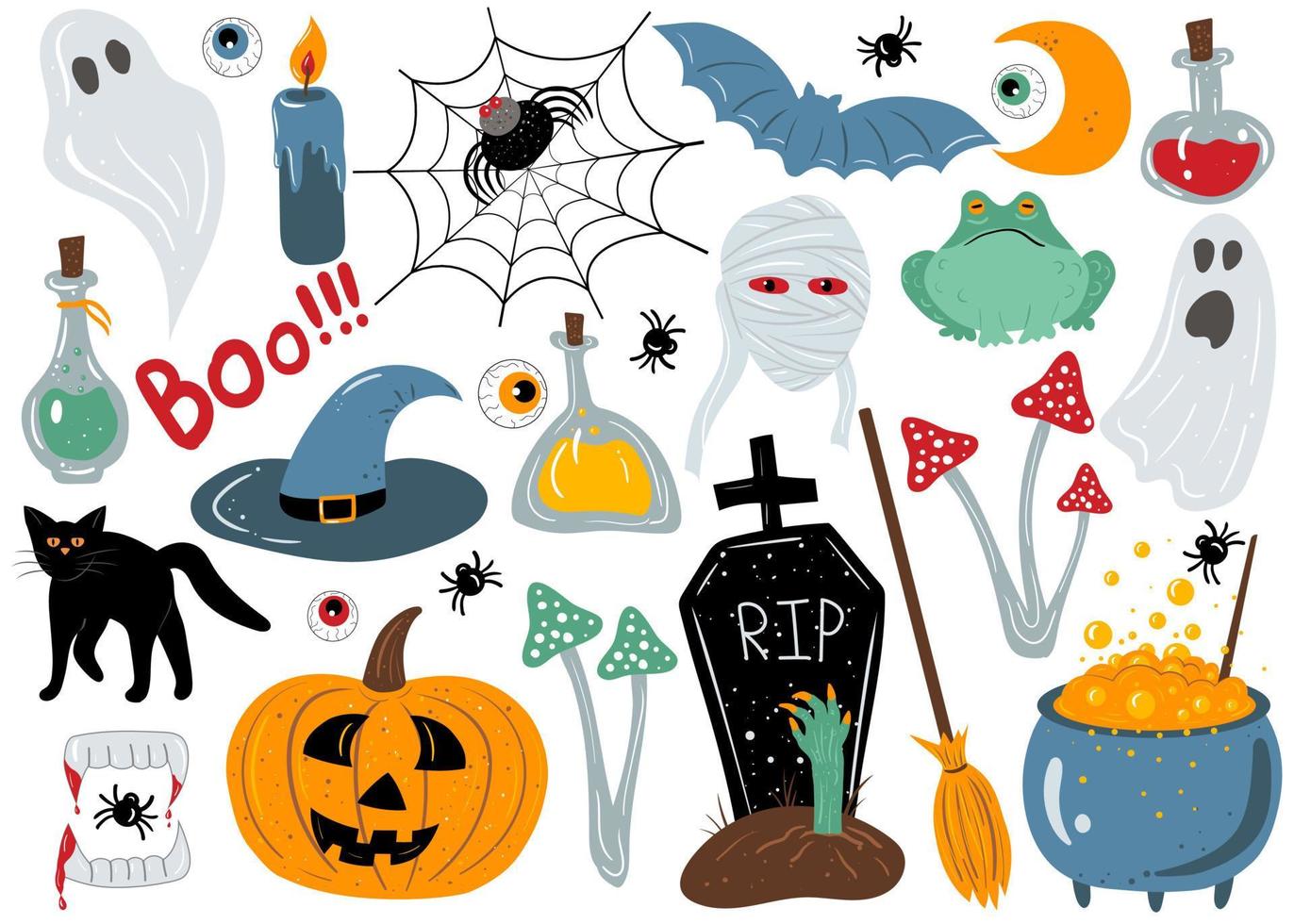 Halloween big set flat vector illustration, design elements, icons. Isolated objects on white background. Templates for posters, party invitations, stickers, cards, gift.