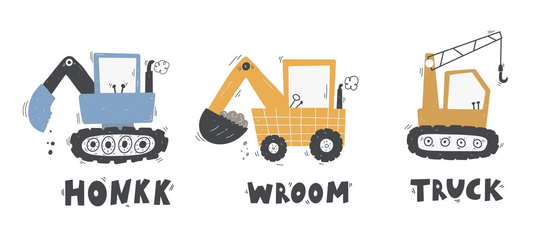 Cute children's set trucks and diggers in Scandinavian style on a white background. Building equipment. Funny construction transport. vector