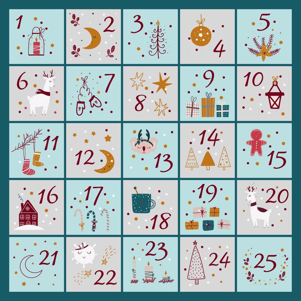 Advent calendar with Christmas elements. Vector illustration in flat style.