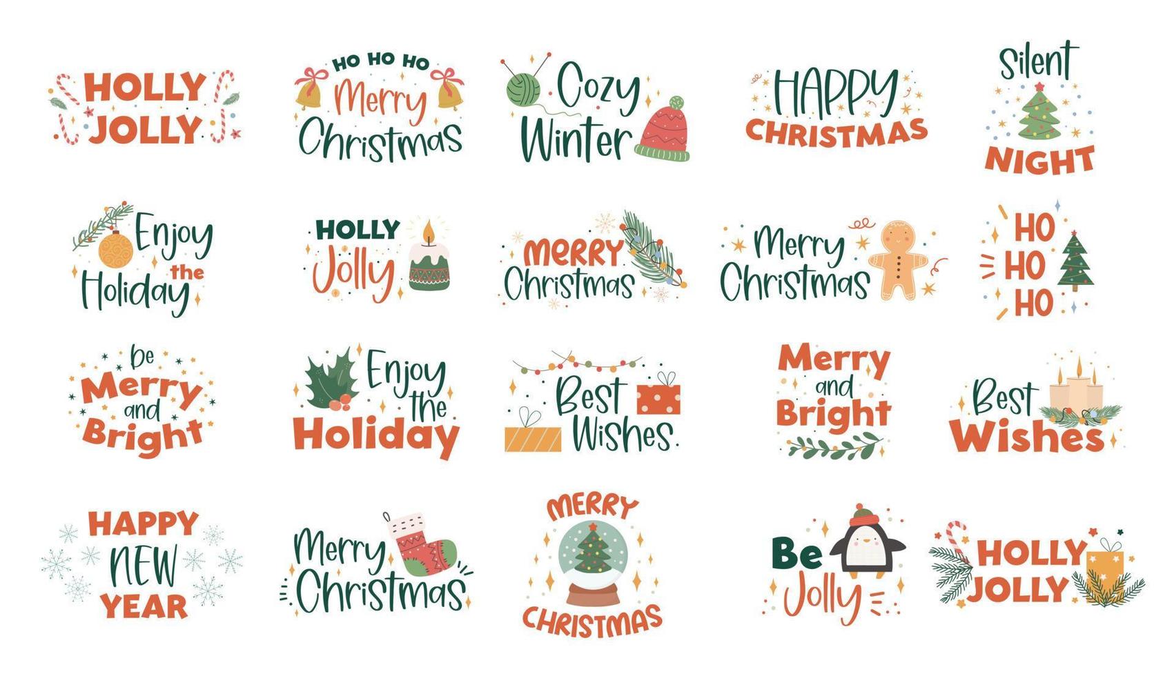 Collection of Christmas handwritten lettering with hand drawn holiday decorations - holly leaves, light garland, candles, knitted socks, bells and gifts. vector