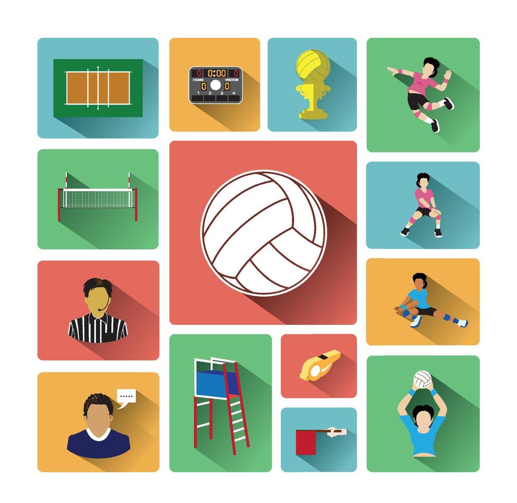 Group of  volleyball icons set with long shadow effect vector