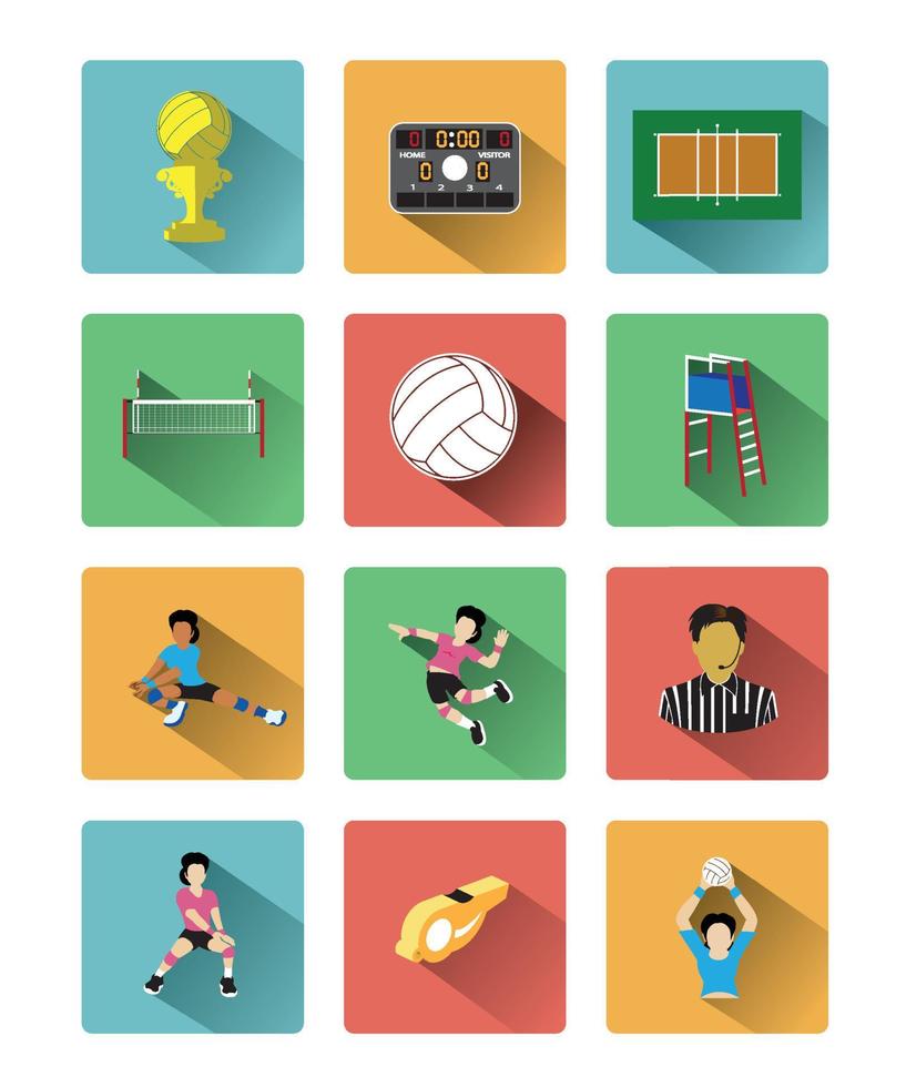 Volleyball icons set with long shadow effect vector