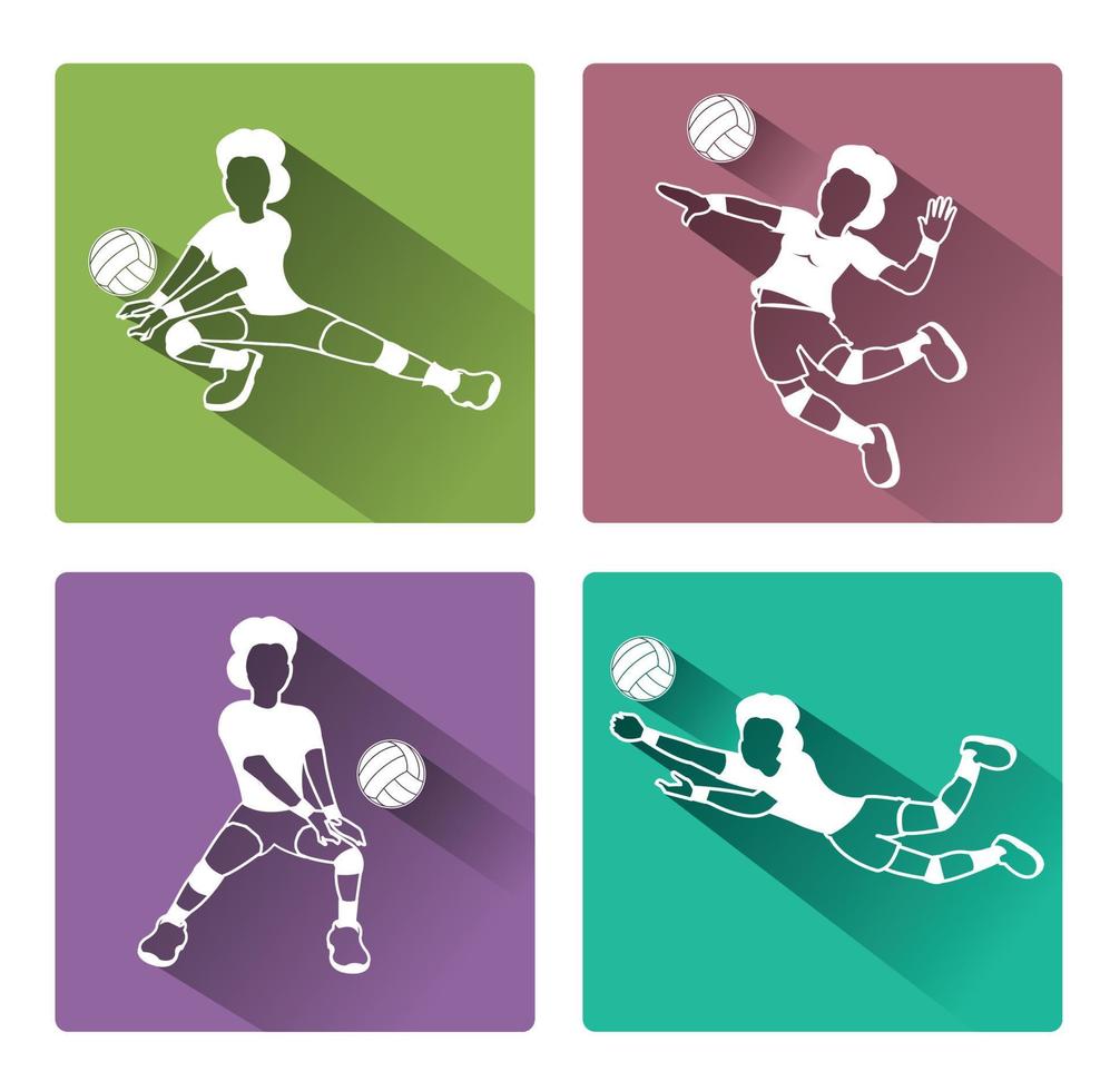 Modern flat Volleyball woman player icons set with long shadow effect vector