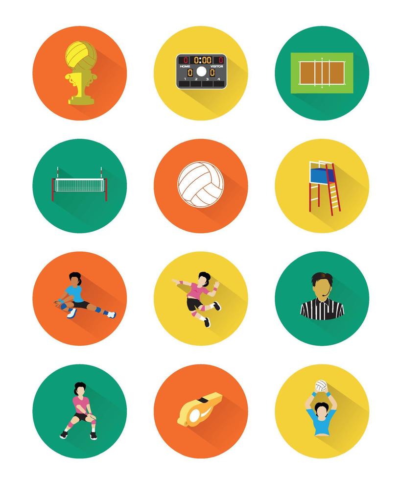 Illustration of flat volleyball icons set with long shadow effect vector