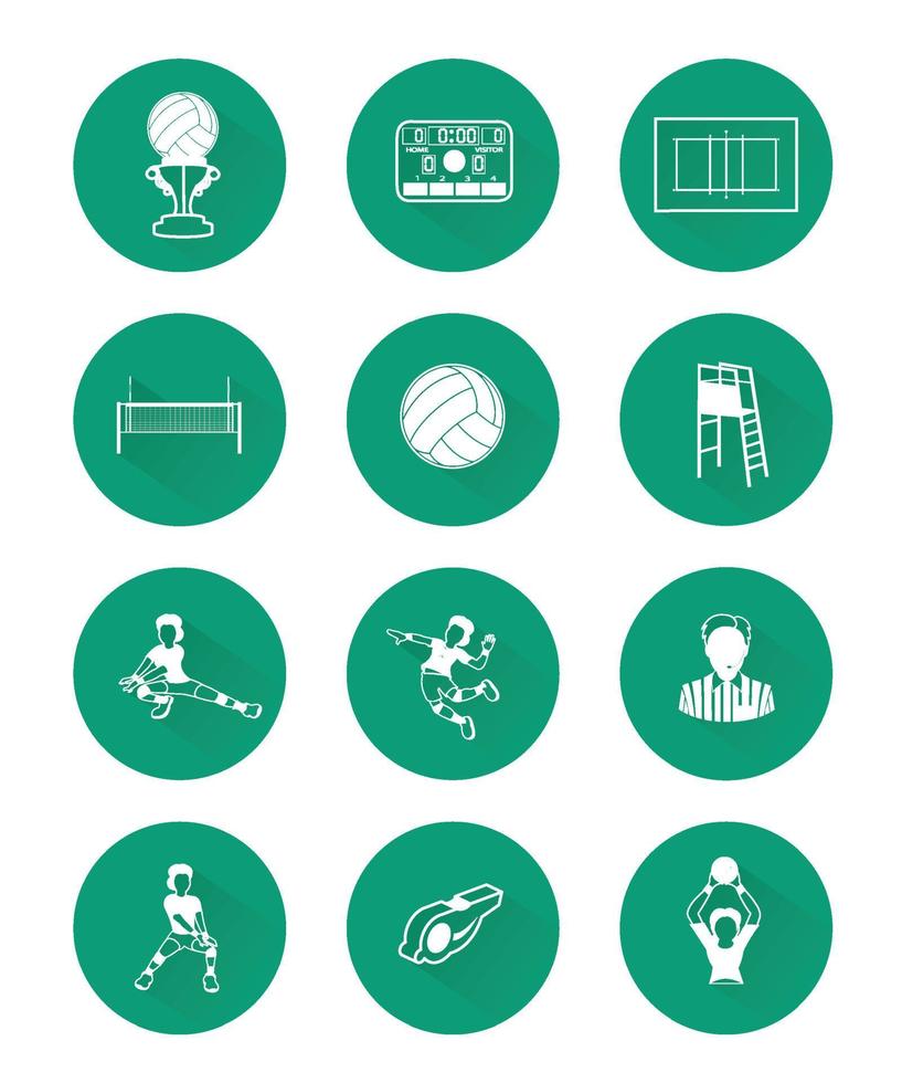 Flat volleyball icons set with long shadow effect vector