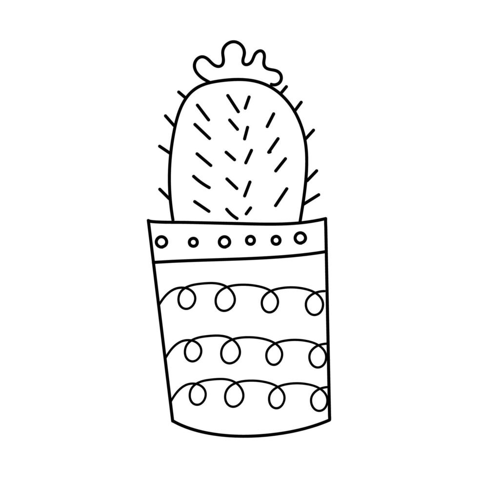 Cactus in pot with pattern of wavy lines. Vector isolated image for web design or print