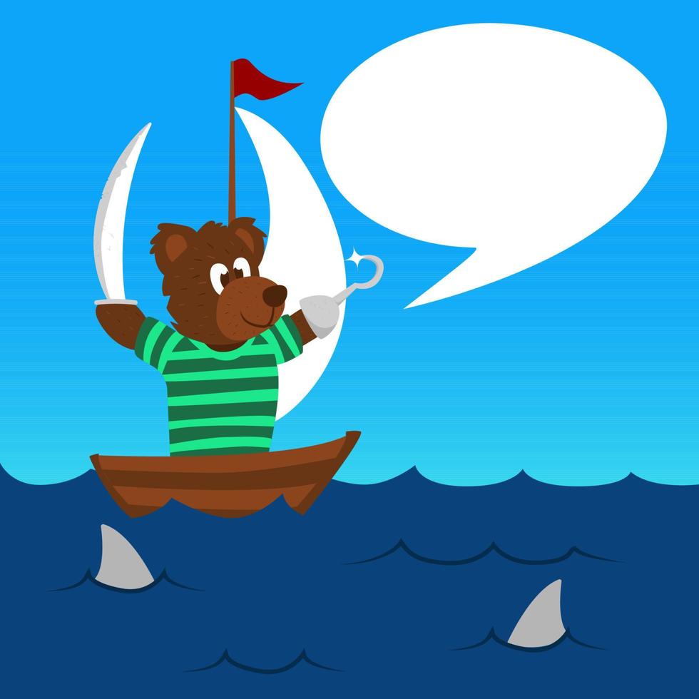 oso pirata dice en una burbuja de espectro varado en medio del mar con una ilustración de tiburones para niños vector