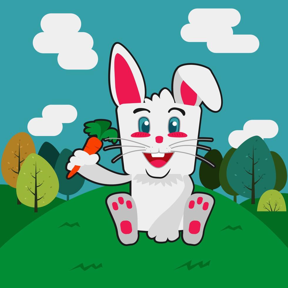 Funny rabbit sit on green hill with forest background view vector