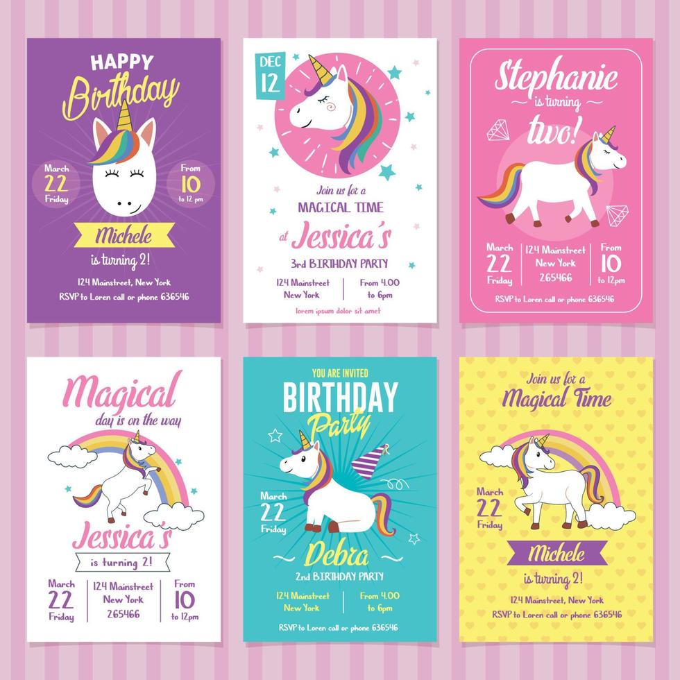 Unicorn card and poster for printing. Invitation for kids party vector