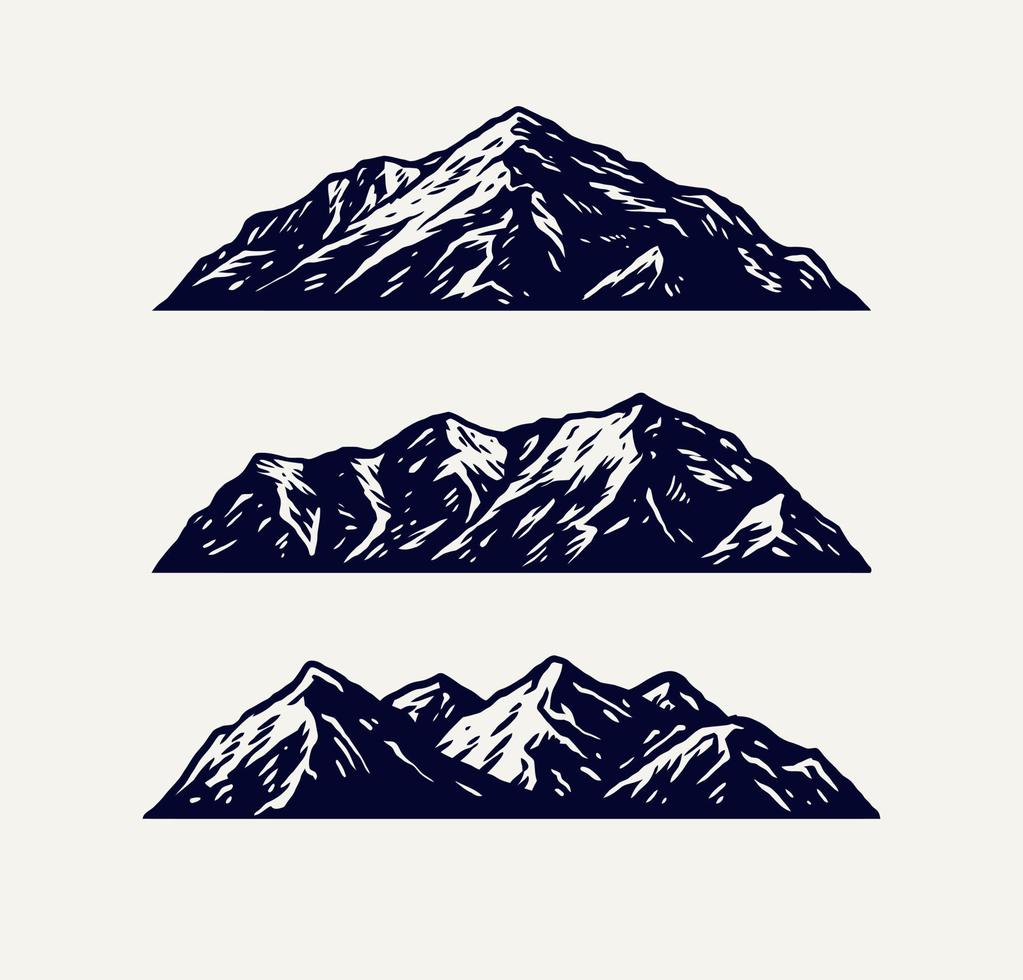 Mountains set, hand drawn line style, vector illustration