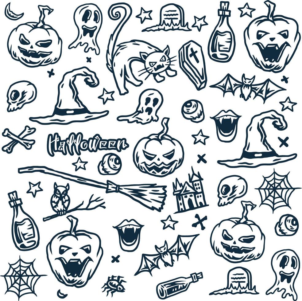 Halloween, ghost, cat, owl, skull, grave, hat, magic broom, bottle illustrations using a hand drawing style continued with digital coloring vector