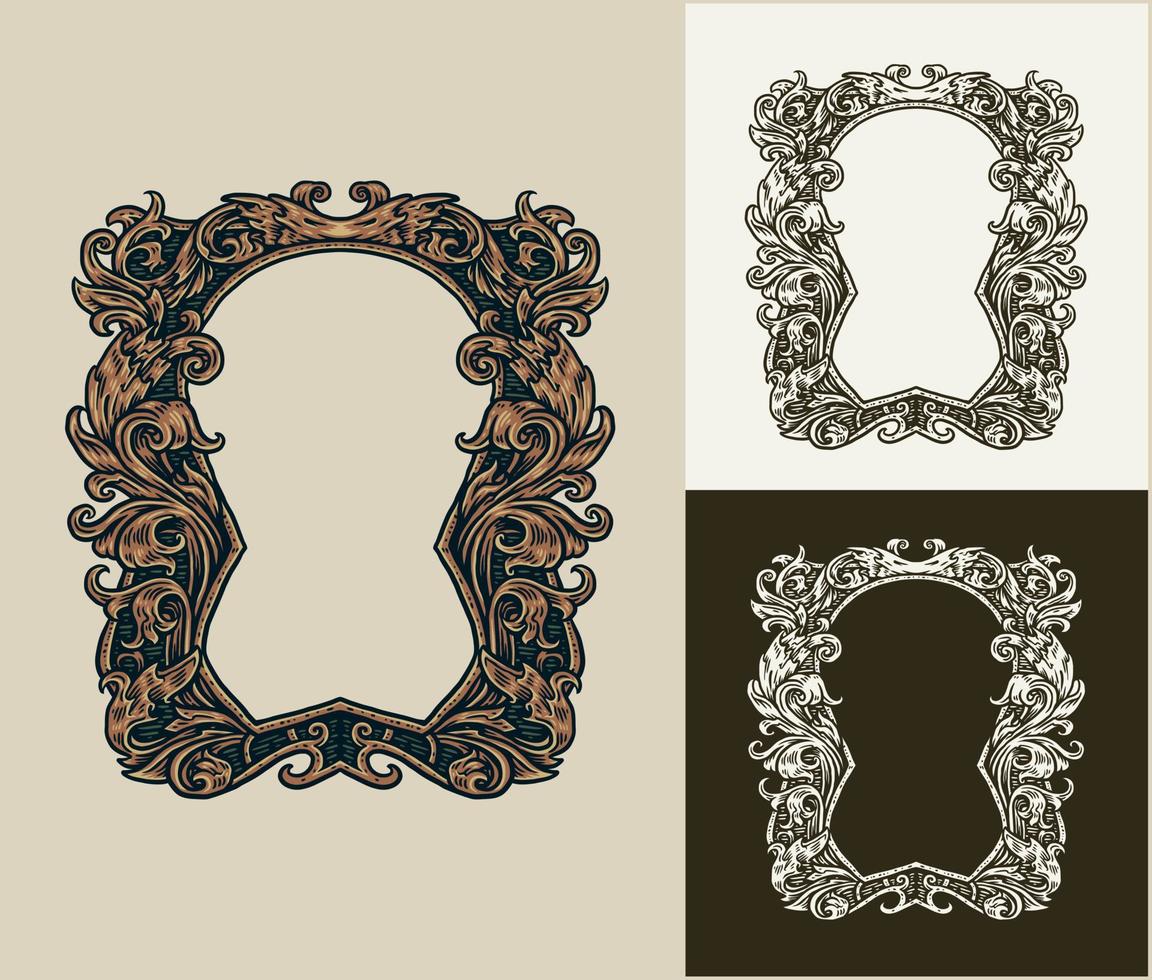 Vintage baroque frame scroll ornament, hand drawn line style with digital color, vector illustration, isolated on dark and bright background