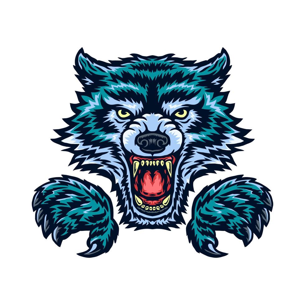 Angry Wolf hand drawn line with digital color, vector illustration
