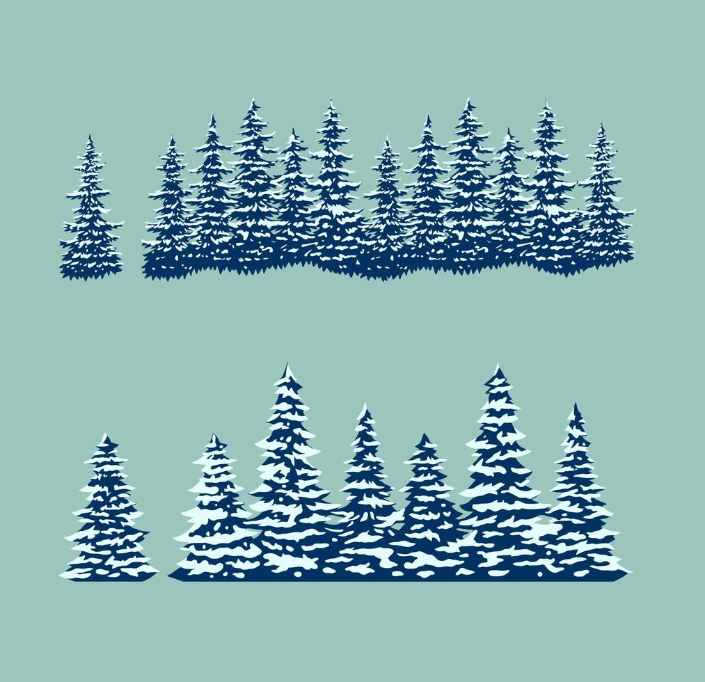 Set of snow trees, hand drawn line style with digital color, vector illustration