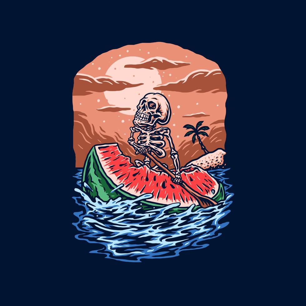 Skeleton ride watermelons, summer beach t shirt graphic design, hand drawn line style with digital color, vector illustration