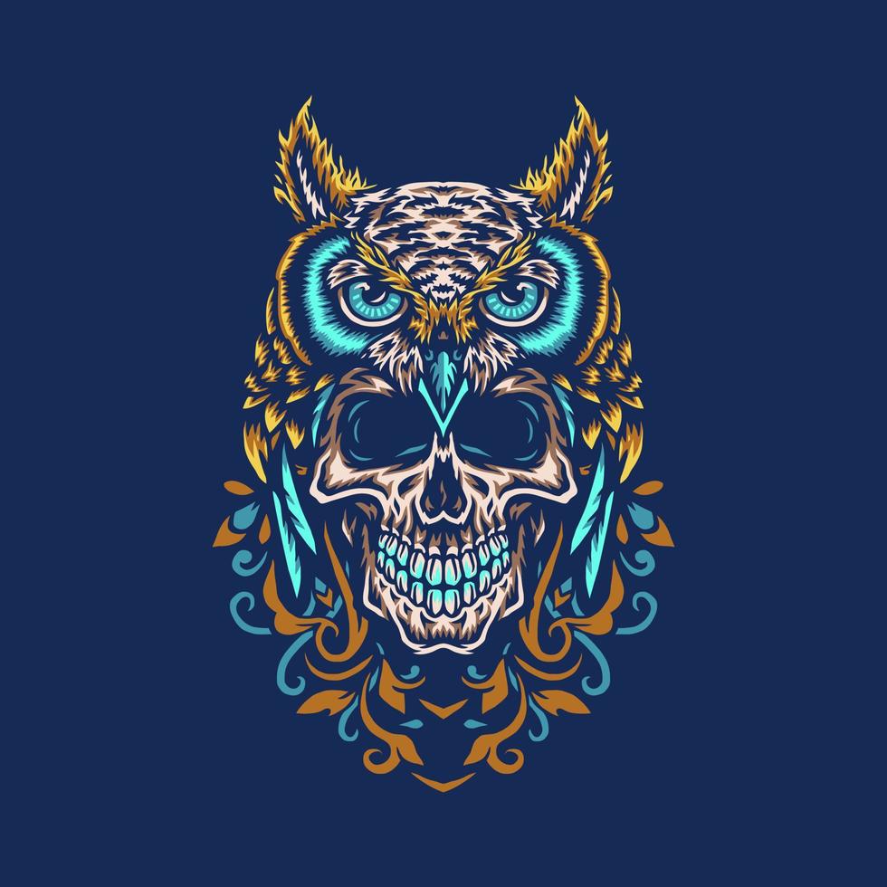 Owl skull, hand drawn line with digital color, vector illustration