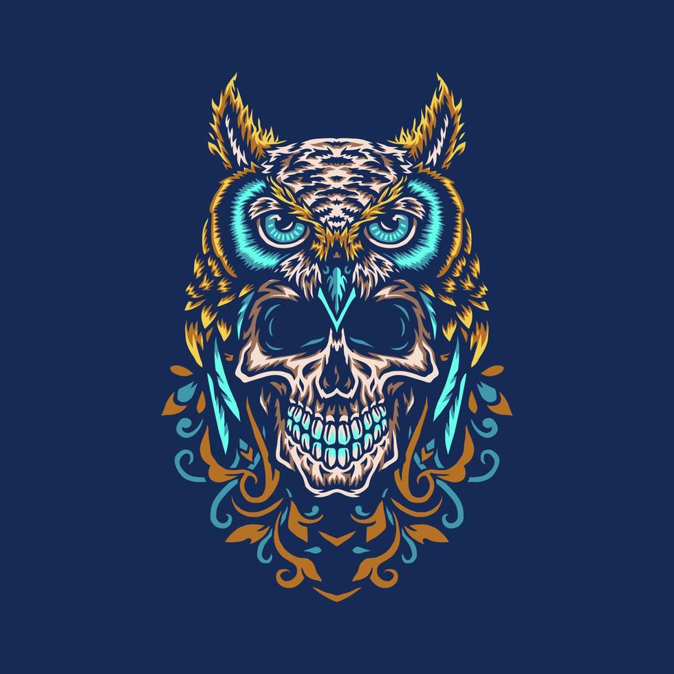 Owl skull, hand drawn line with digital color, vector illustration