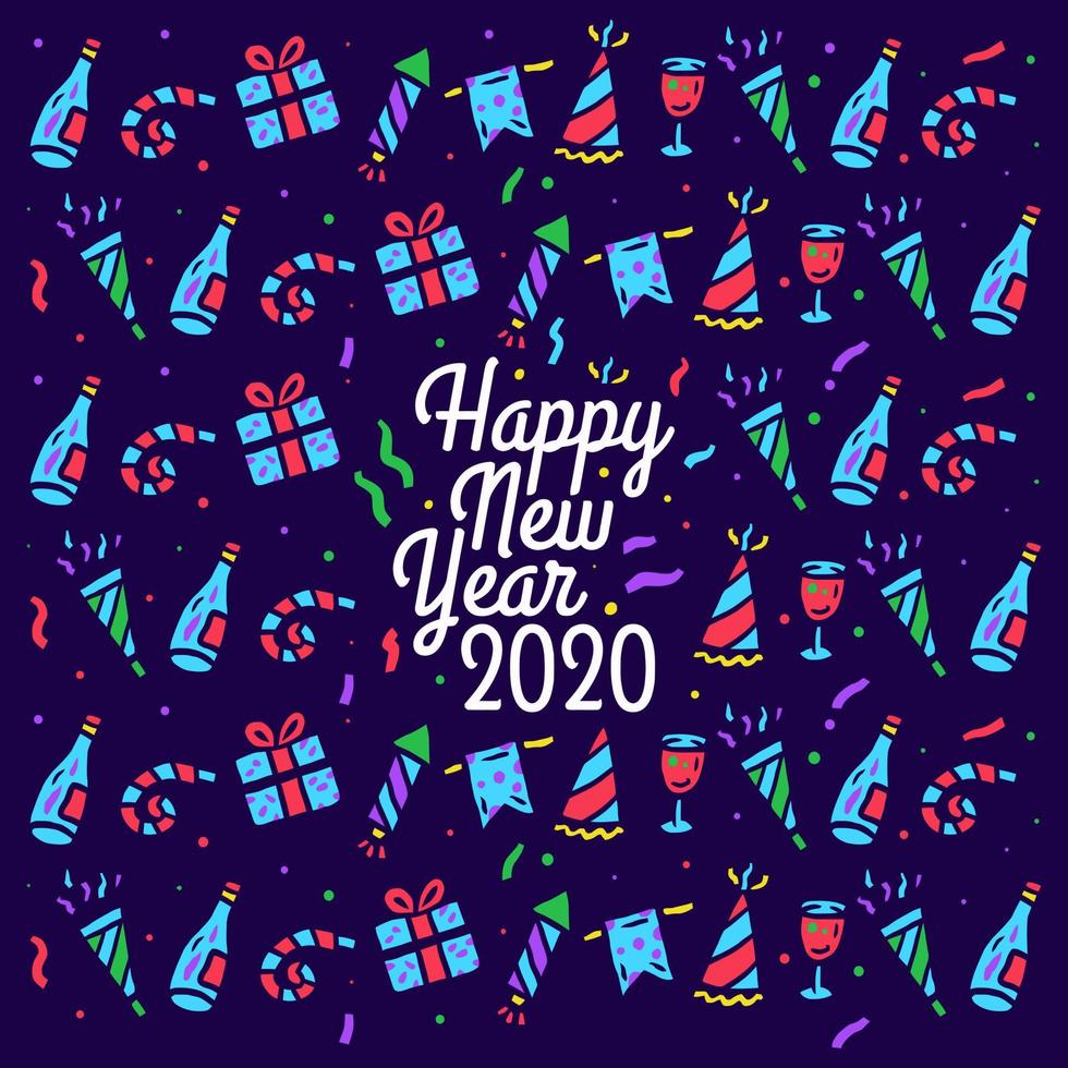 Happy new year 2020 pattern, hand drawn line with digital color, vector illustration