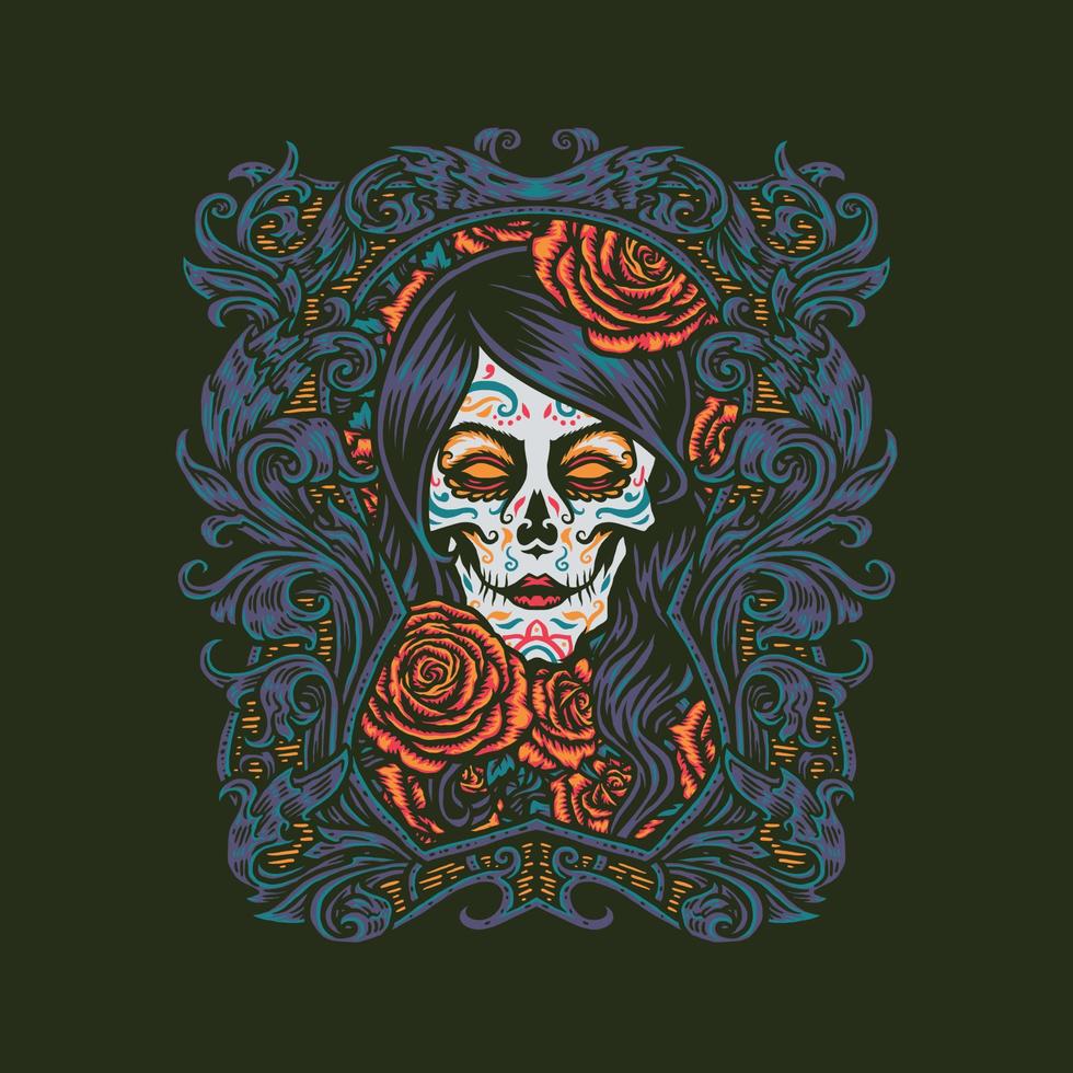 Girl sugar skull, hand drawn line style with digital color, vector illustration