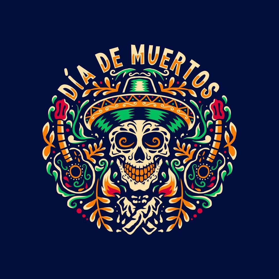 Vector hand drawn illustration of Mexican holiday Dia De Muertos. isolated on dark background