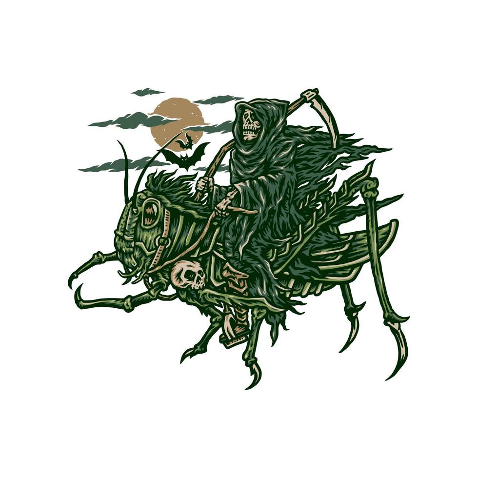 Vector illustration of grim reaper riding grasshopper, hand drawn line style with digital color