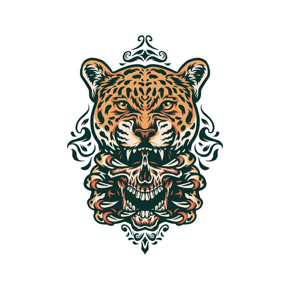 jaguar y cráneo, línea dibujada a mano con color digital, ilustración vectorial vector